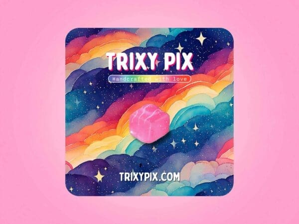 Pink French Fancy pin badge displayed on a pink gradient background, attached to a backing card featuring rainbow-coloured clouds.
