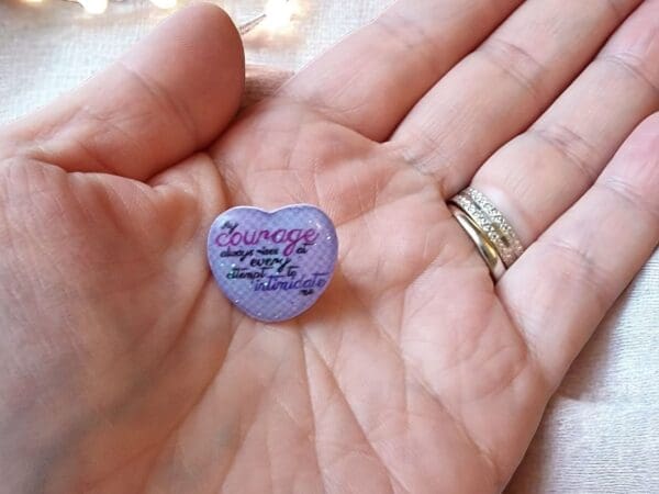 Jane Austen pin badge Elizabeth Bennet - Quote - My courage always rises at every attempt to intimidate me - lilac heart